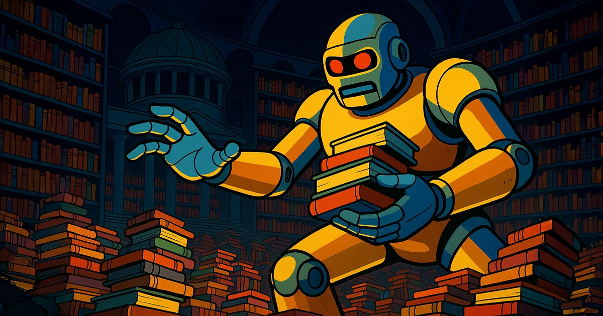 Ein Roboter klaut in Bibliothek Bücher